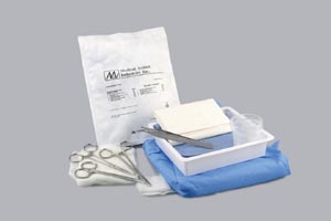 Tray Laceration : (1) Overwrap, (1) Fen Drape, (2) Blot Twls (Blue), (10) 4x4 Gz, (5) 2x2 Gz, (1) Ndl Hldr, Web 5', (1) Frcp, Adson 1x2 Tth 4.75', (1) Hmstat, Mosq, Crvd 5', (1) Scis (Iris), (2) Med Cup 60cc (1/KT by Medical Action Industries  ID 69297
